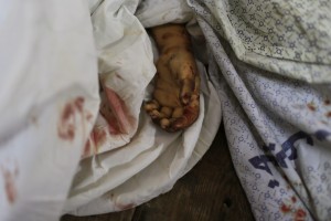Typical disturbing propaganda photo of a dead child. Photo: Elder of Ziyon.