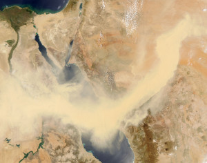 A satellite image of the type of sand storm that is sweeping across Israel. Photo: Wikipedia.