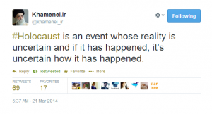 khamenei-denial Iranian Supreme Leader Ayatollah Khameini denied the Holocaust on Twitter, on March 21, 2014.