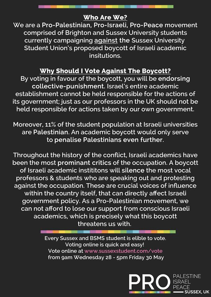 sussex-2 A flyer used to defeat a BDS motion at the University of Sussex. Photo: Screenshot.