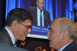 U.S. Secretary of the Treasury Jack Lew (left) and Israeli Energy Minister Yuval Steinitz (right) were among the major speakers at the June 7 Jerusalem Post-hosted conference in New York City. In the background, seen speaking on the projector screen, is Jerusalem Post Editor-in-Chief Steve Linde. Photo: Maxine Dovere.