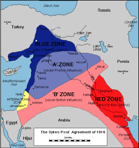 The Sykes-Picot Agreement that divided up the Middle East. Graphic: Wikipedia.