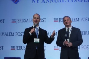 New Jerusalem Post Editor-in-Chief Yaakov Katz (left) with outgoing editor-in-chief Steve Linde on stage at the newspaper's fifth annual conference last month in New York City. Photo: Marc Israel Sellem.