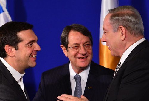 Israeli Prime Minister Benjamin Netanyahu (right) meets with Cypriot President Nicos Anastasiades (center) and Greek Prime Minister Alexis Tsipras (left) in Jerusalem Thursday. Photo: Kobi Gideon/GPO.
