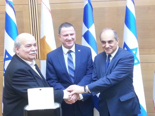 (From left to right) Hellenic Parliament President Nikolaos Voutsis, Knesset Speaker Yuli Edelstein and Cyprus House of Representatives President Demetris Syllouris meet Thursday in Jerusalem. Photo: Yuli Edelstein via Twitter.