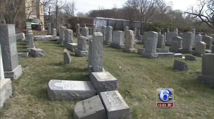 Toppled headstones at a Jewish cemetery in Philadelphia. Photo: Twitter.