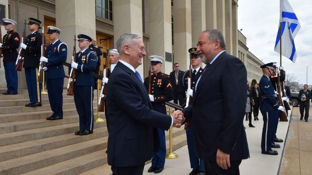 US Secretary of Defense James Mattis greets Israeli Defense Minister Avigdor Lieberman at the Pentagon on Tuesday. Photo: Ariel Hermoni / Israeli Defense Ministry.