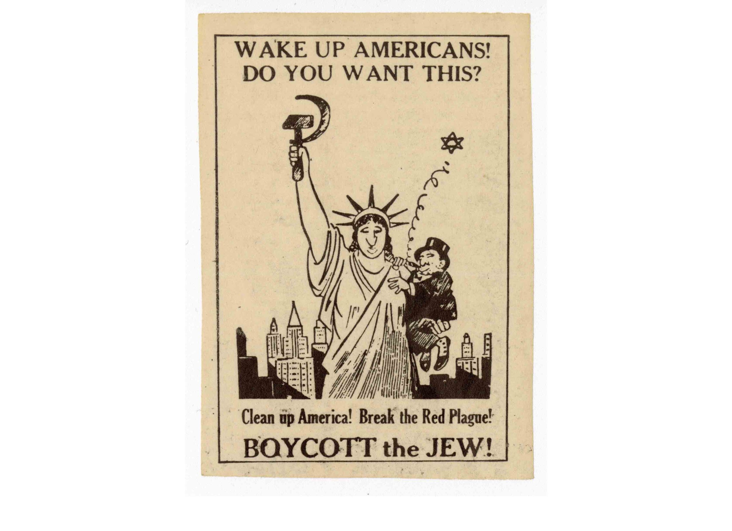 Sticker calling on Americans to “Boycott the Jew” to prevent an alleged “Jewish-Communist infiltration”, 1930s. Image: Langerman collection