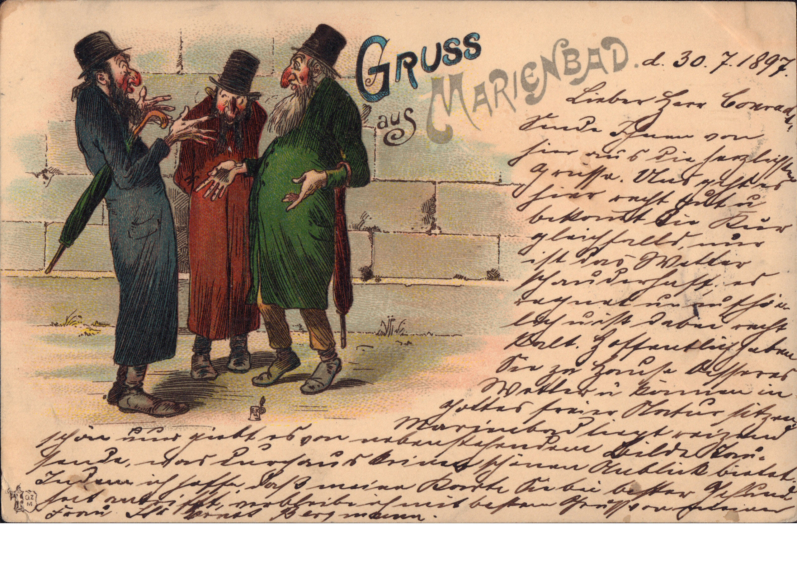 An 1897 antisemitic postcard from the spa town of Marienbad sent by Ernst Bergmann to his friend Gustav Conradt. Image: Langerman collection