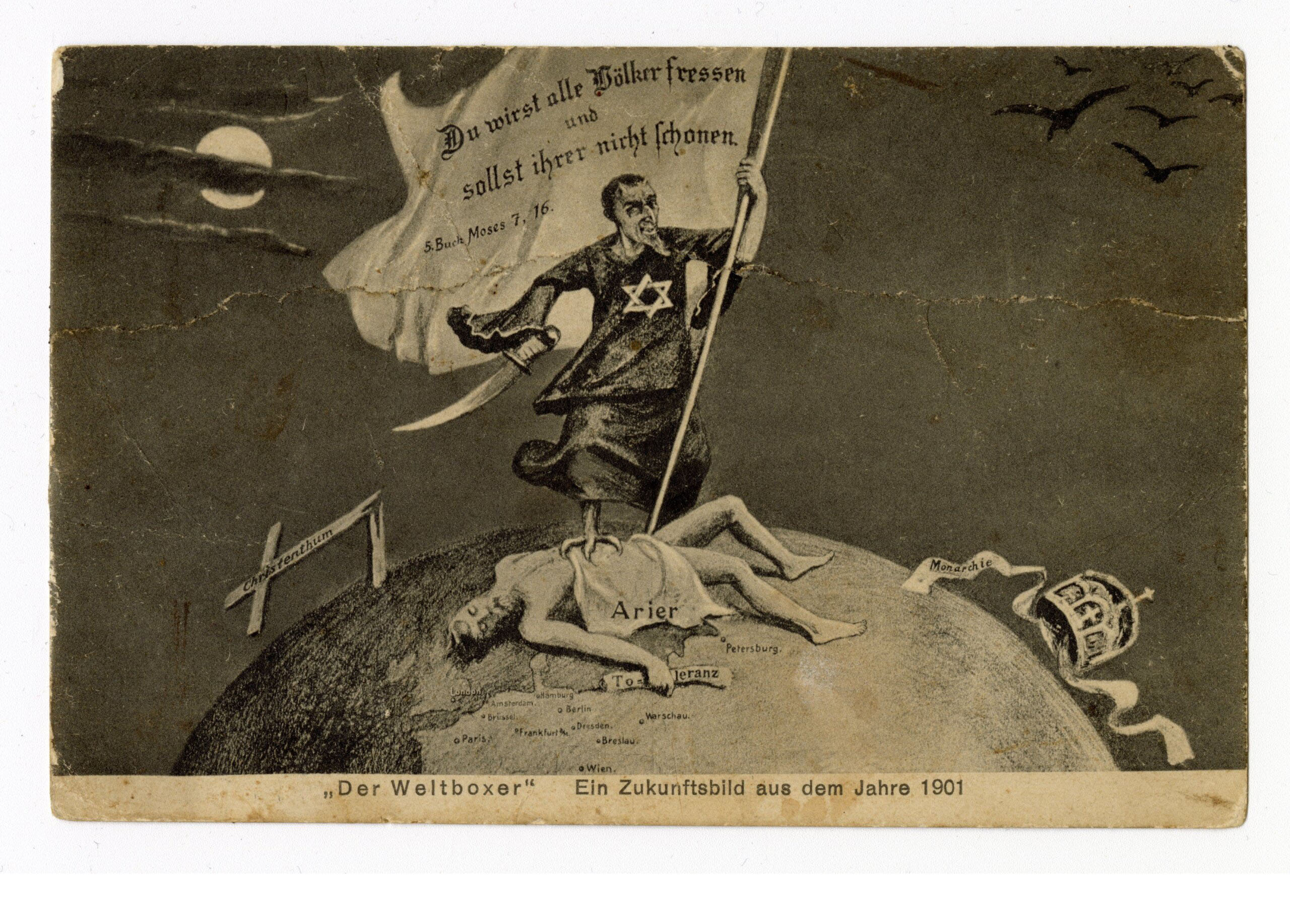 Postcard from 1901 depicting “the Jew” dominating the world and invoking a quotation from the Bible. Image: Langerman collection