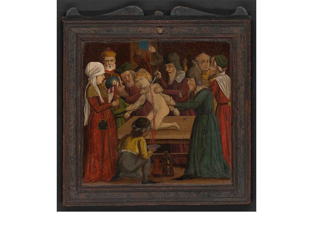 A 16th century oil painting titled “The Martyrdom of St. Simon of Trent” by an unknown artist, depicting an alleged ritual murder in Trent in 1475. The ritual murder accusation, which is still widespread today, is an antisemitic conspiracy fantasy according to which Jews murder Christian children to use their blood for ritual purposes. Image: Langerman collection