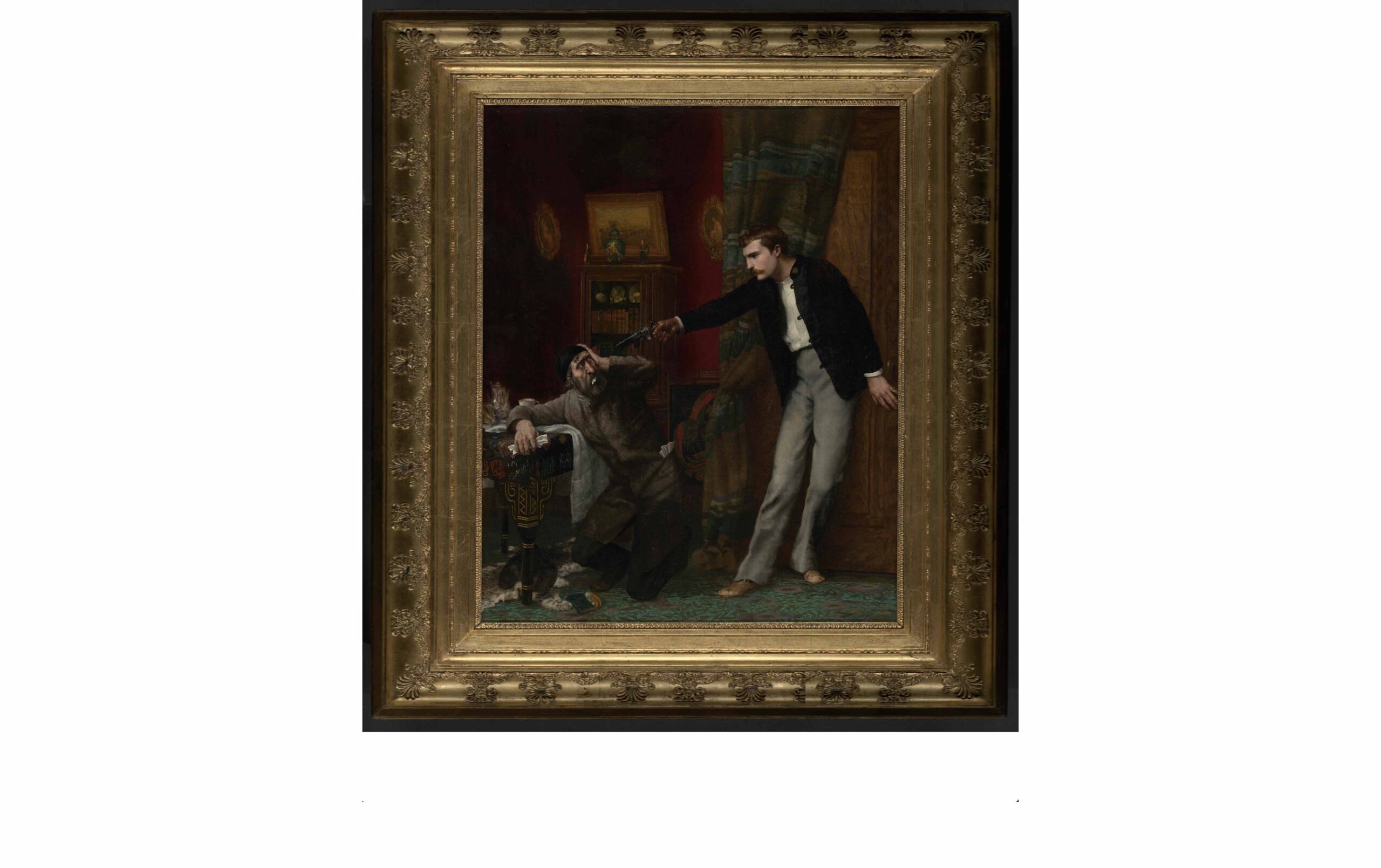 An oil painting by Edouard Jean Conrad Hamman (Ostend, 1819 – Paris, 1888). The scene depicts a bourgeois man forcing an Orthodox Jew – presumably his creditor – at gunpoint to devour promissory bills. Image: Langerman collection
