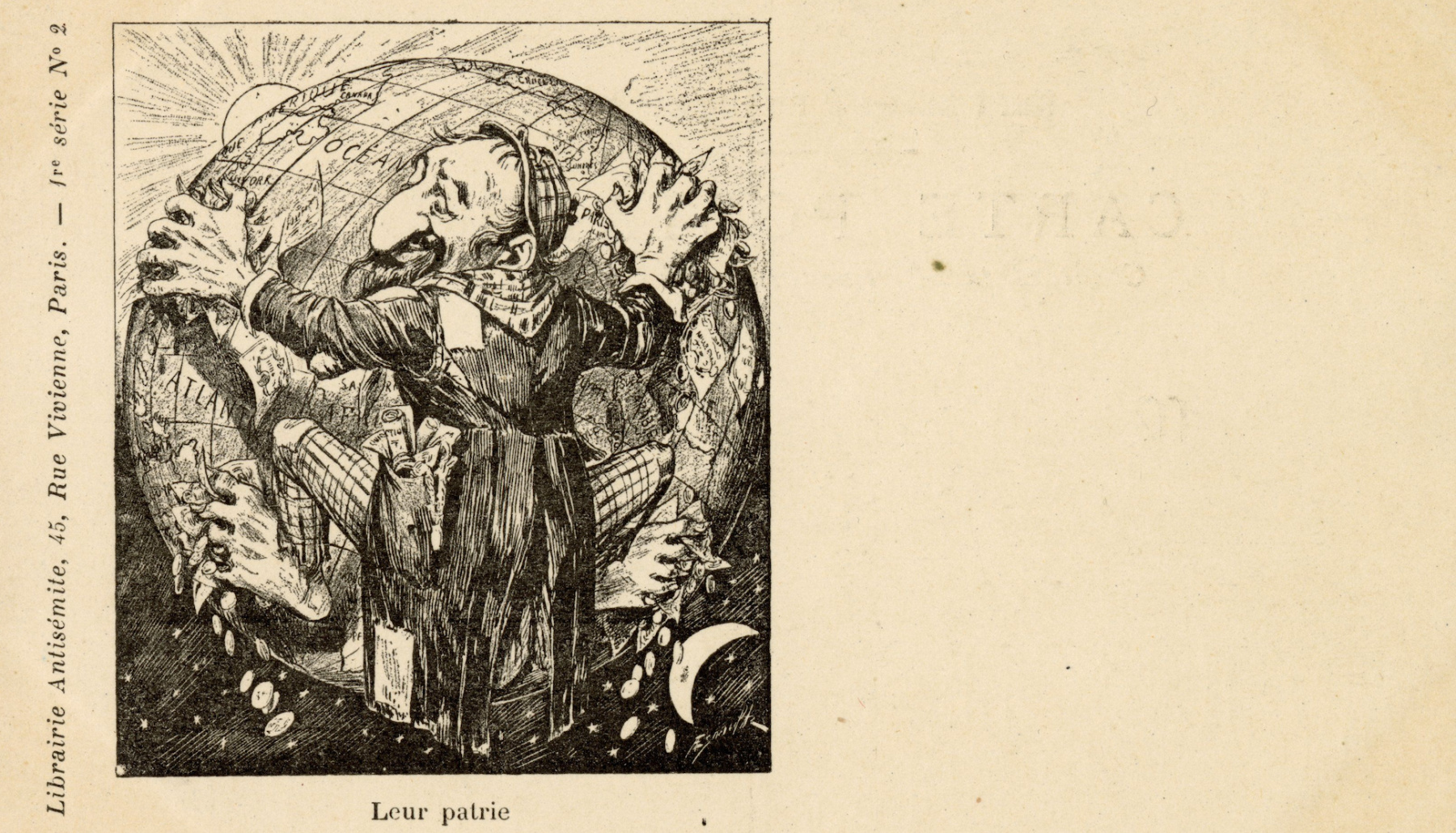 An antisemitic postcard titled “Their Fatherland”, first published in 1893 by the notorious newspaper La Libre Parole edited by Édouard Drumont. Image: Langerman collection